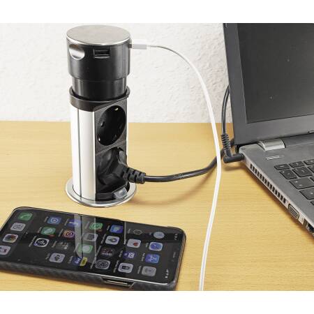 Chilitec Schreibtisch-Einbausteckdose 2x USB versenkbar Edelstahl rund Mini